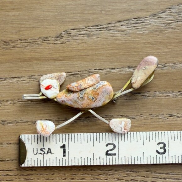 Vintage Handcrafted Stone Roadrunner Brooch Pin Silver Tone - Picture 5 of 11